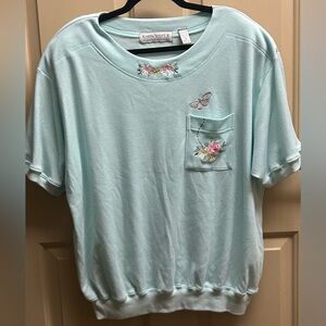Karen Scott Oversized Light Blue Embroidered Butterfly Top with Cute Pocket
